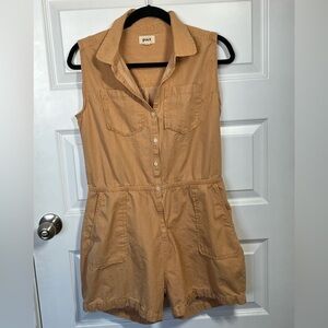 Pact Organic Cotton Romper Small Tan Button front Minimalist Utility Travel